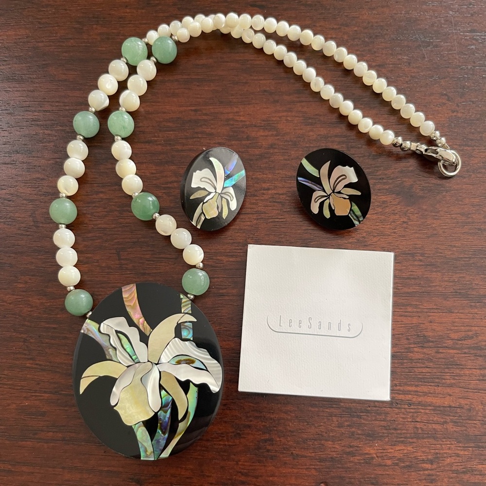 Lee Sands multi gem inlaid pendant necklace and earrings set